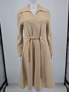 Vintage 1970s R&K Knits Beige Western Yoke Belted A-Line Midi Dress (M)